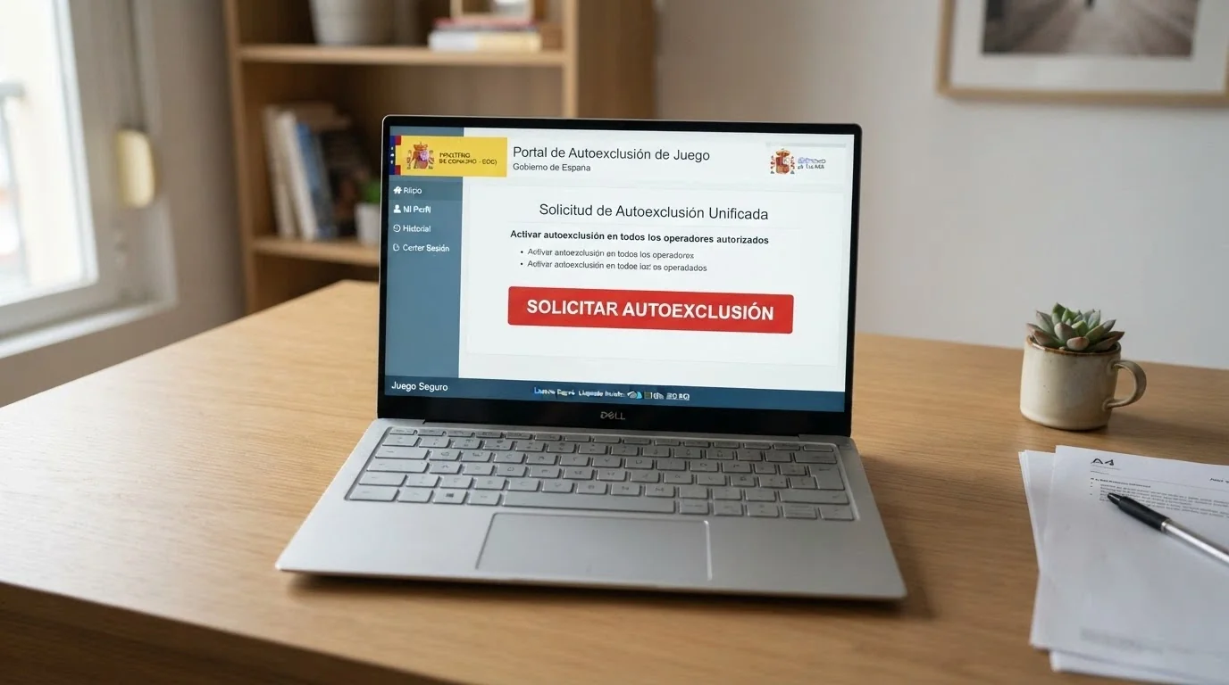 La pantalla de inicio de la sede electrónica del RGIAJ con el botón de «solicitar autoexclusión» visible en primer plano