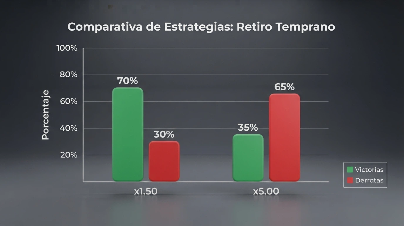 Gráfico comparativo con dos escenarios de la misma ronda de Aviator: cash out a x1.50 frente a esperar un x5.00 que nunca llega