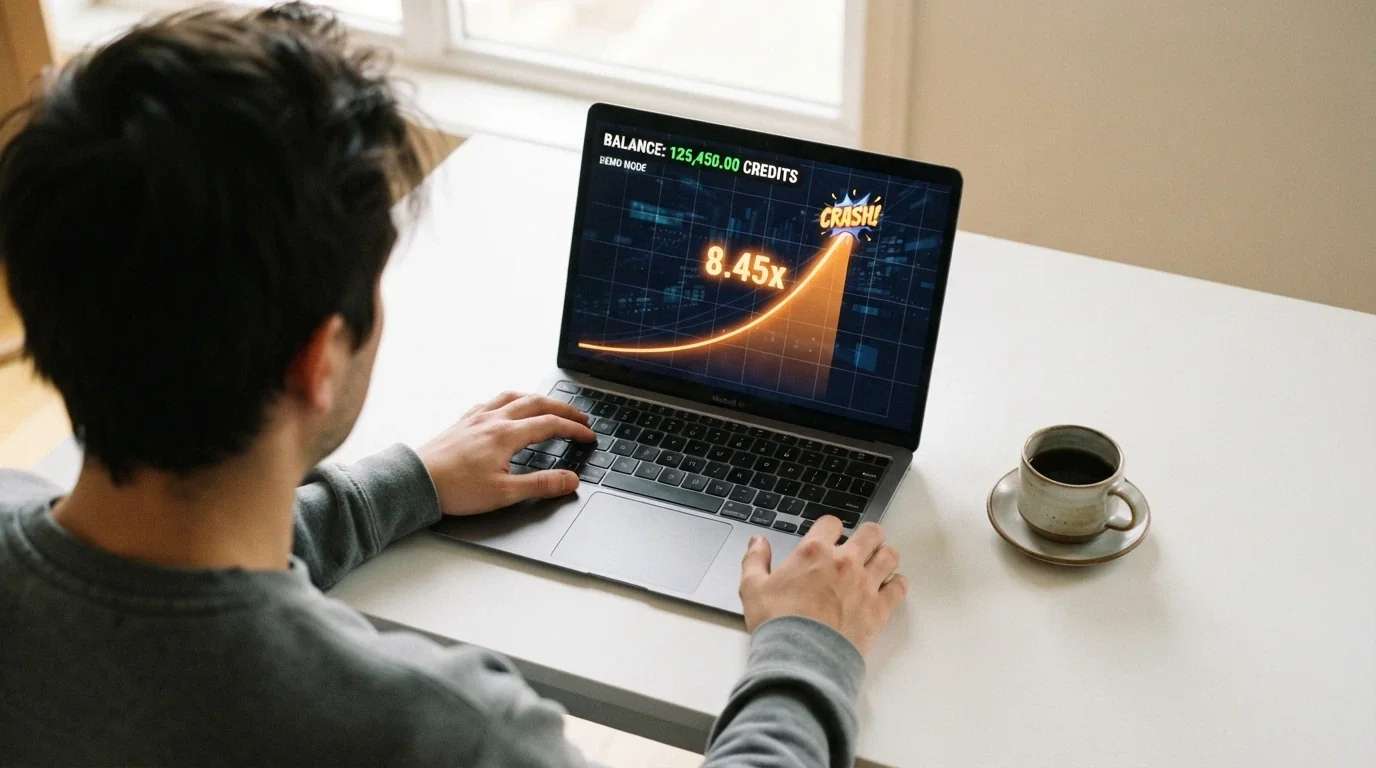 Pantalla del modo demo de Aviator con saldo ficticio, mostrando la misma curva de multiplicador e interfaz que la versión con dinero real
