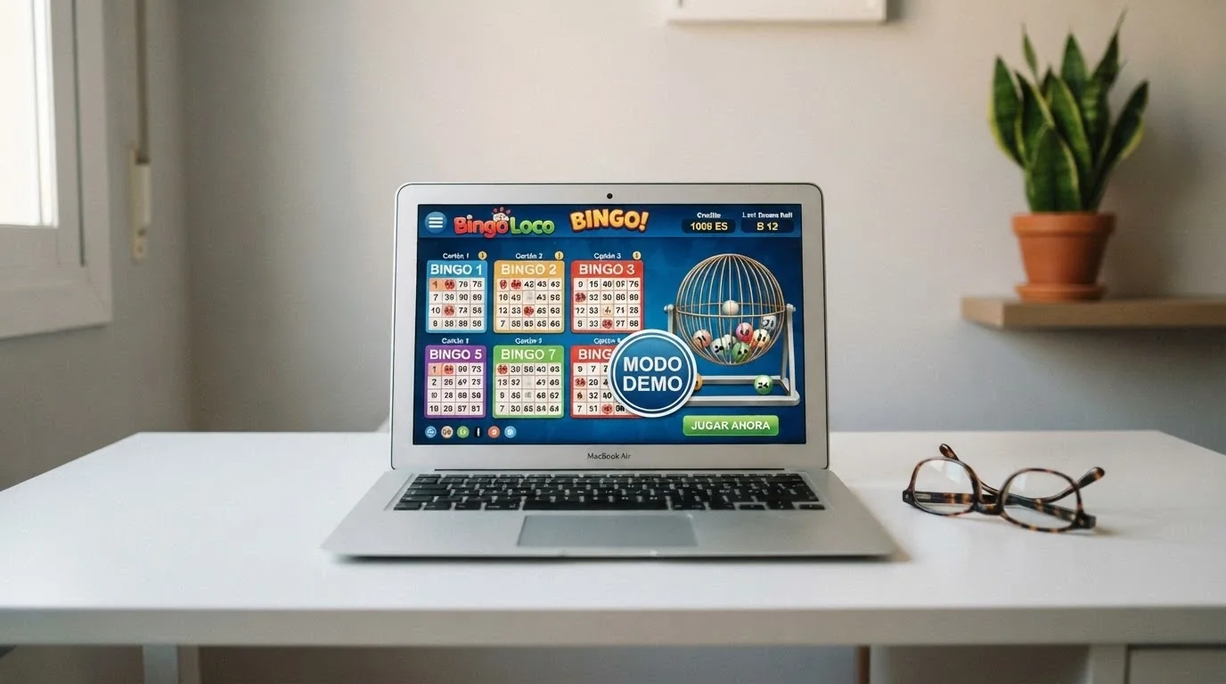 Pantalla de un video bingo en modo demo con saldo ficticio, el botón de «jugar gratis» visible y la indicación de que no se puede retirar ganancias