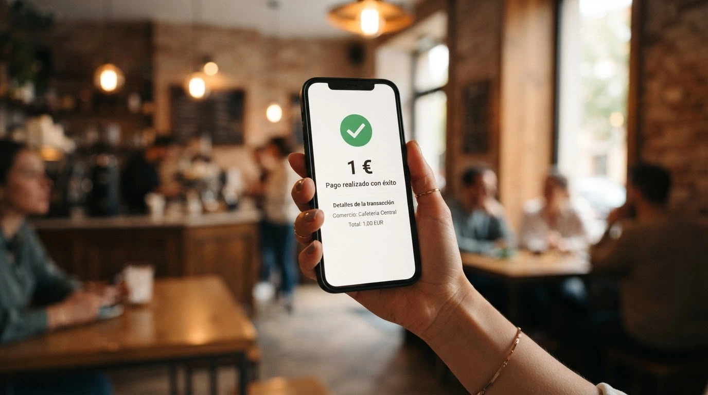 Teléfono móvil mostrando la app de Bizum con una transacción de 1 euro completada hacia un casino online español