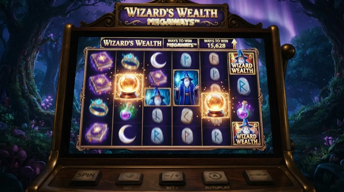 Pantalla de juego de Fire Blaze Blue Wizard Megaways mostrando la cuadrícula de 5 carretes con 108 a 12.348 formas de ganar y los símbolos del tema de hechicería