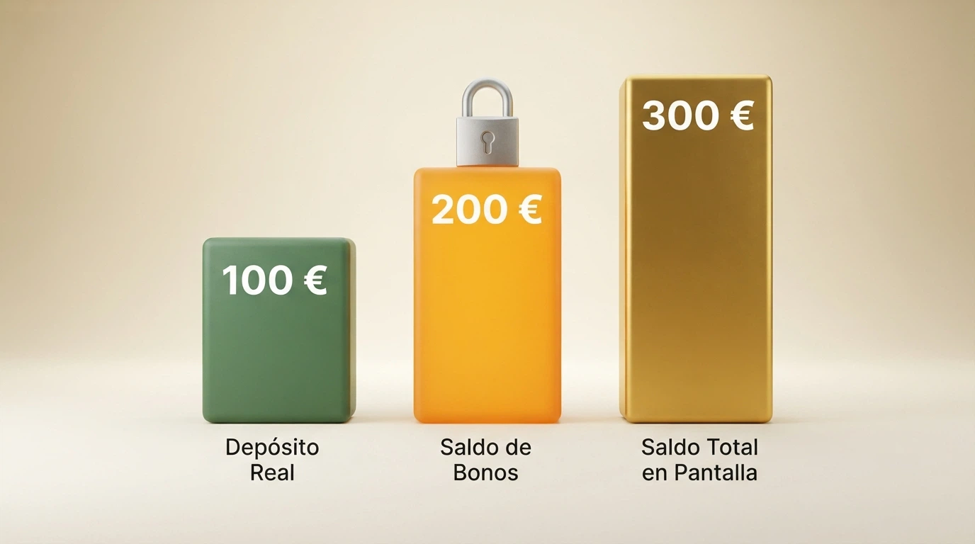Infografía que desglosa un depósito de 100€ con un bono del 200%: 100€ de saldo real más 200€ de saldo de bono, con un candado sobre la parte del bono