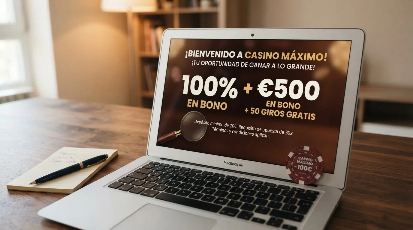 Primer plano de una pantalla con el texto de bienvenida de un casino y cifras de bono en BTC y BCH, con una lupa sobre la letra pequeña de los términos