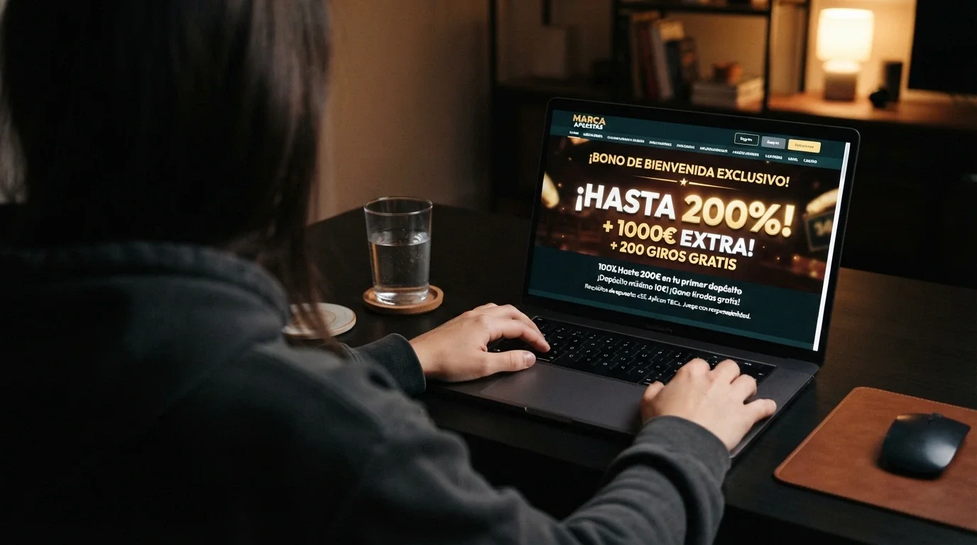 Interfaz de un casino online mostrando una oferta de bono de bienvenida con el porcentaje destacado y la letra pequeña del wagering debajo