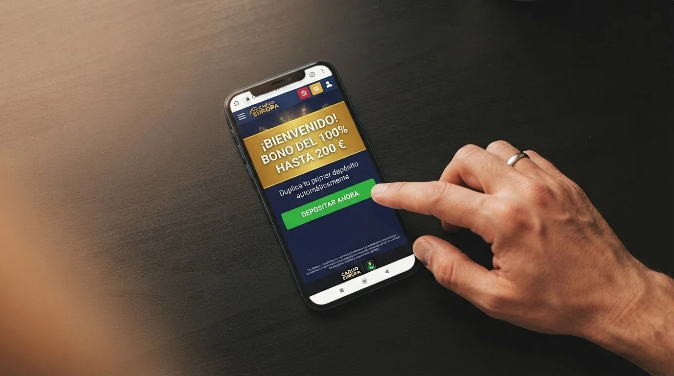 Pantalla de bienvenida de un casino online español mostrando una oferta de bono de primer depósito con sus condiciones