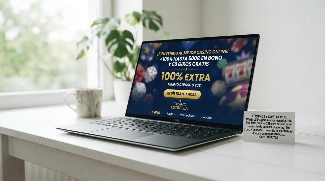 pantalla de promoción de un bono de bienvenida de casino online español con los términos del rollover y el depósito mínimo visibles en la letra pequeña