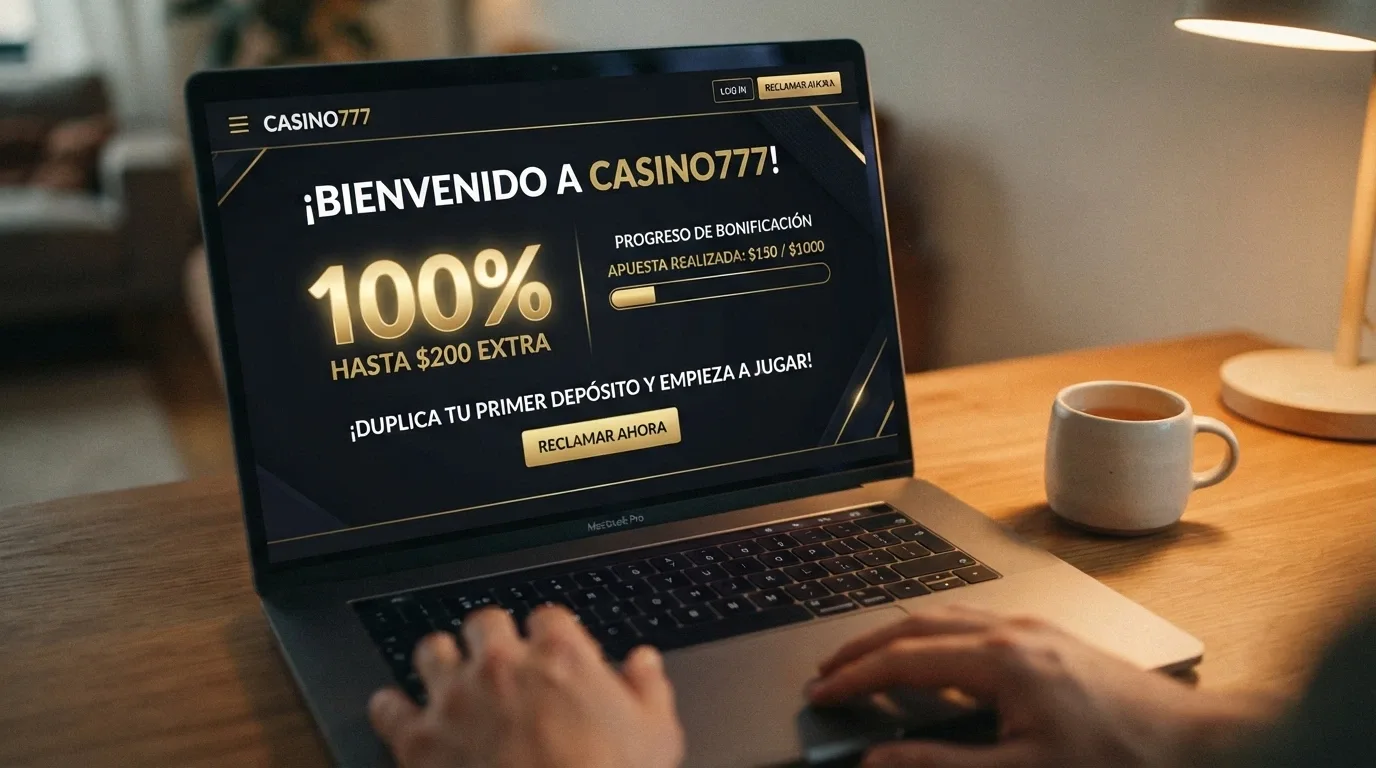 Pantalla de un casino online español mostrando una oferta de bono de bienvenida del 100% hasta 200 euros