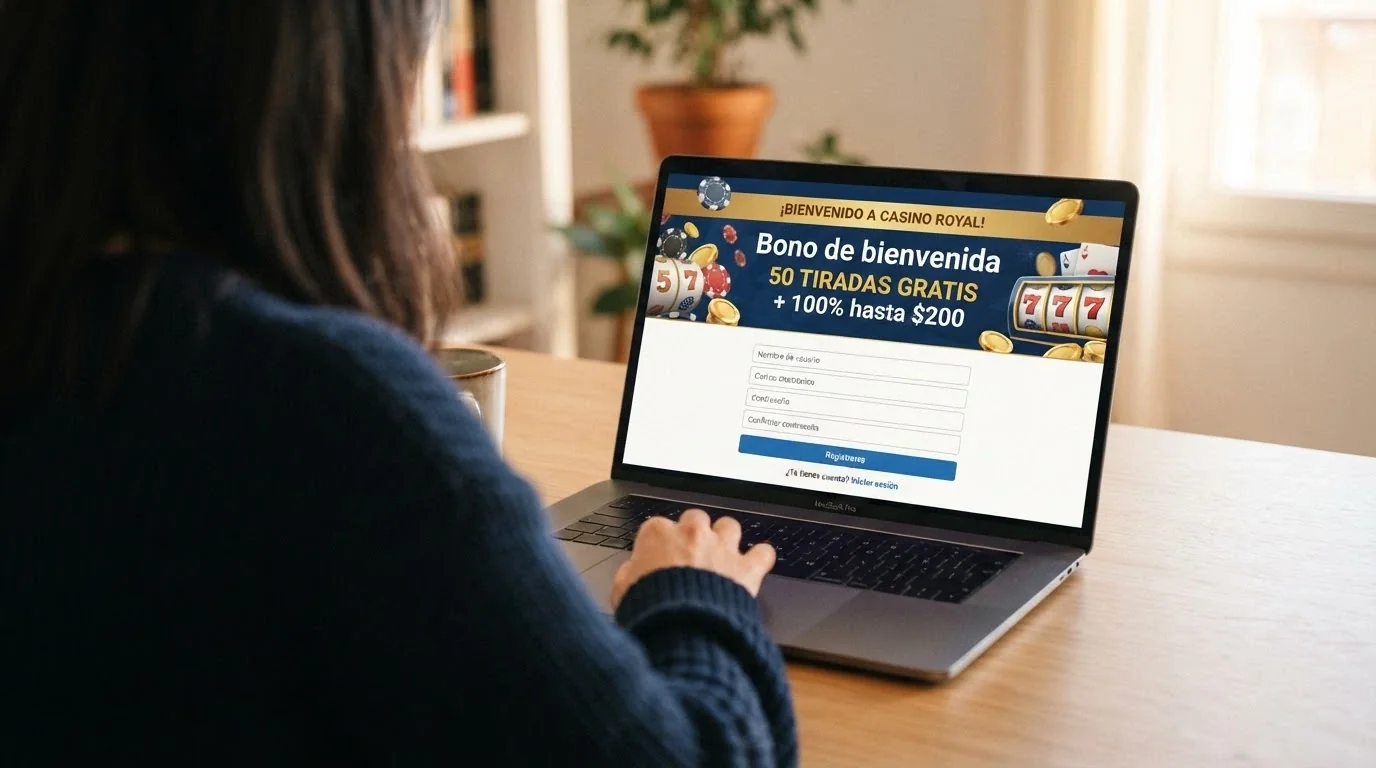 Pantalla de registro de un casino español con el banner «Bono de bienvenida: 50 tiradas gratis + 100% hasta 200 €» destacado