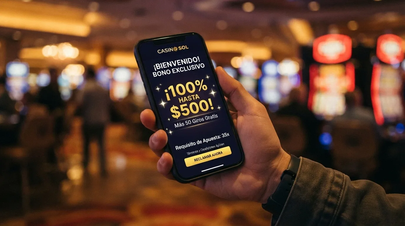 Primer plano de una pantalla de casino mostrando un bono del 150% con el requisito de apuesta 45x resaltado en la letra pequeña