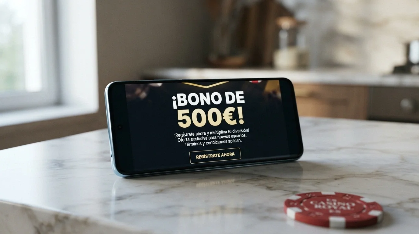 Ejemplo visual de una oferta de bono de bienvenida en un casino .es, con el importe promocional destacado y las condiciones en letra pequeña debajo