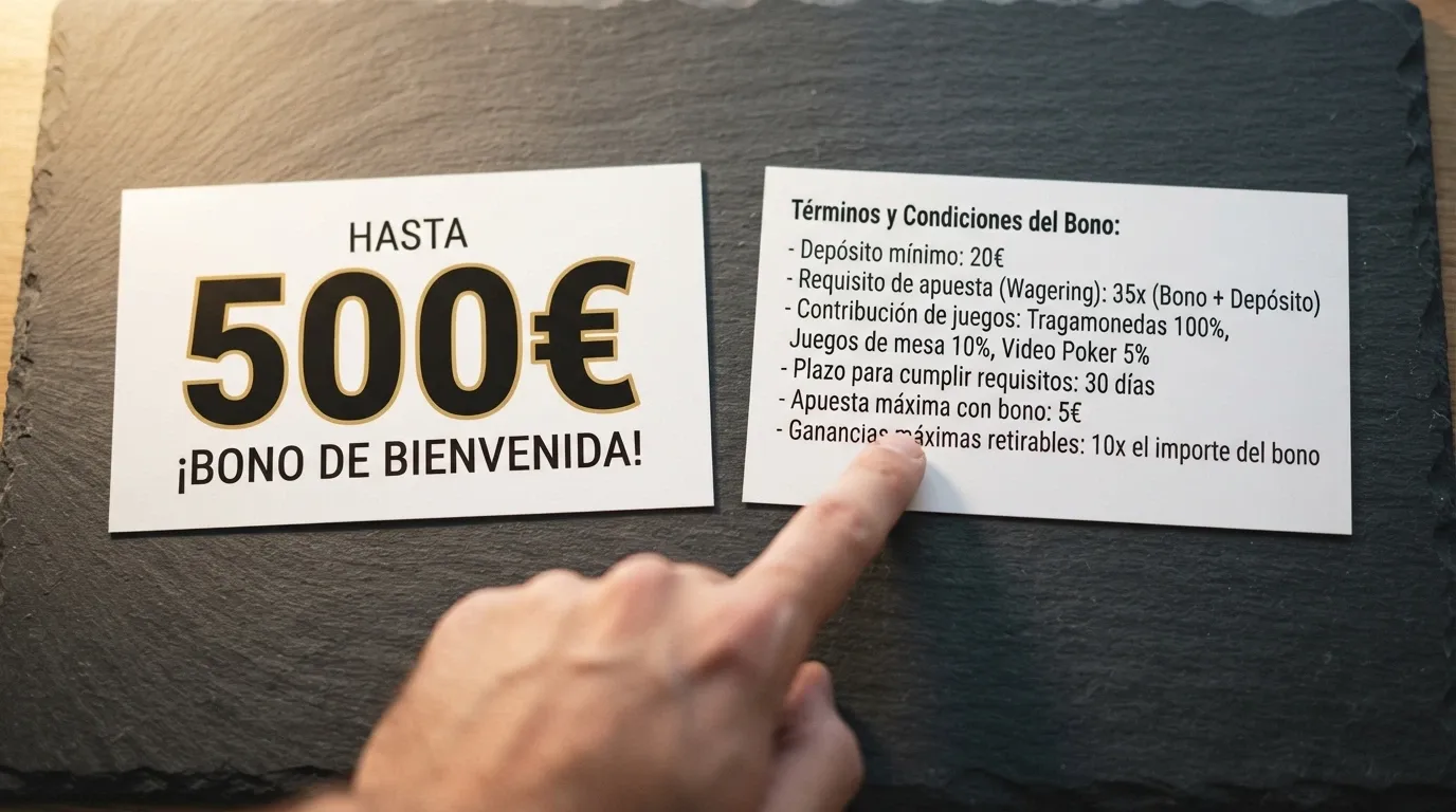 Comparativa visual de dos ofertas: una con el importe del bono en grande y otra con los requisitos de apuesta en letra pequeña
