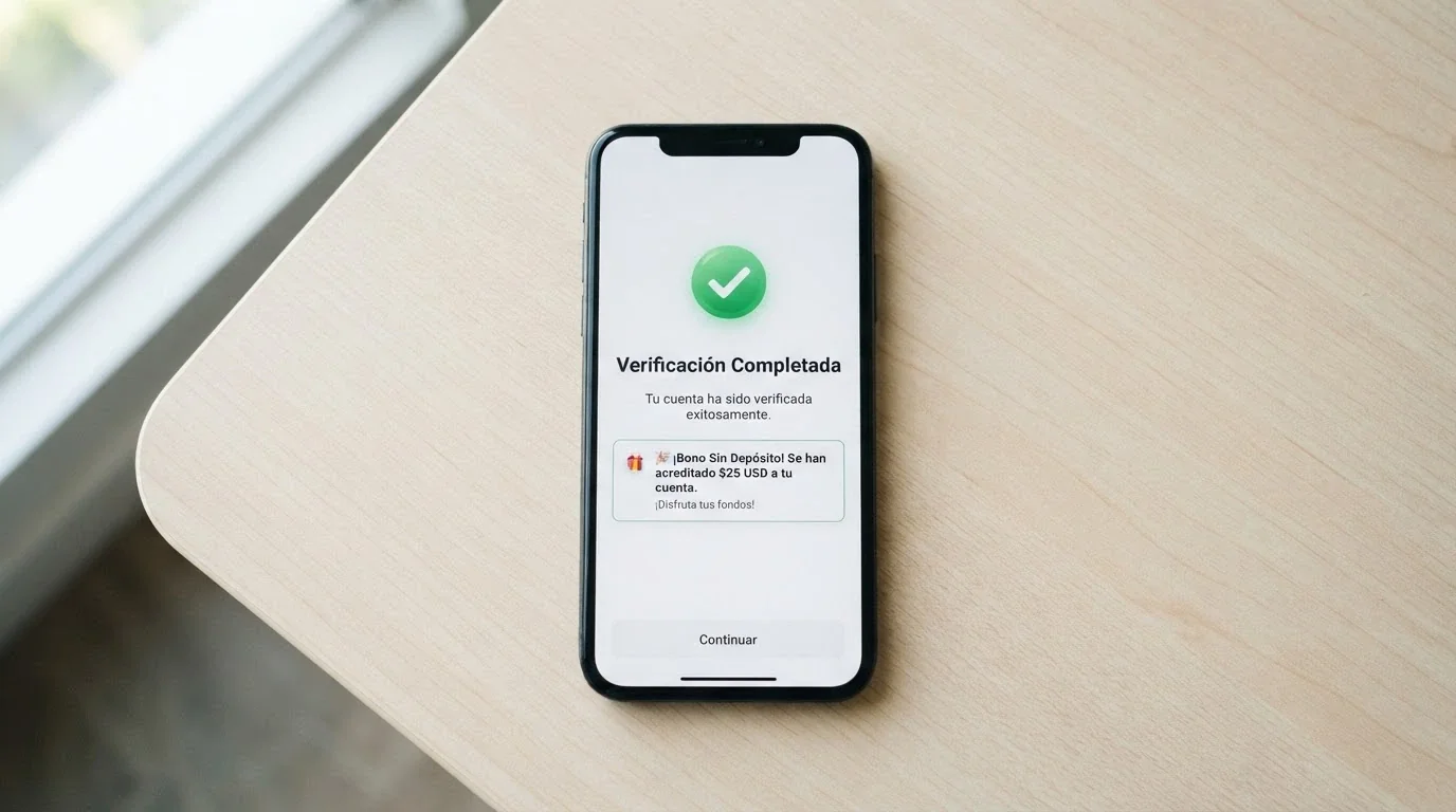 Móvil mostrando la pantalla de verificación de cuenta de un casino español y la notificación de bono sin depósito acreditado tras completar el KYC
