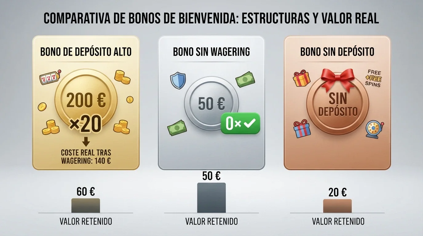 Comparativa visual de tres ofertas de bono: una con importe alto y rollover elevado, otra modesta sin rollover y una tercera sin depósito