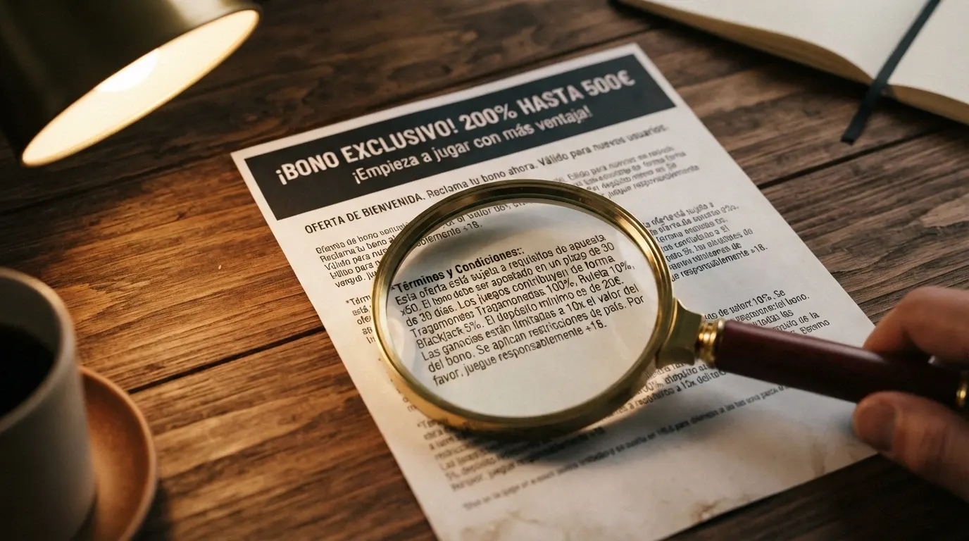 Primer plano de una lupa sobre la letra pequeña de un folleto promocional de casino