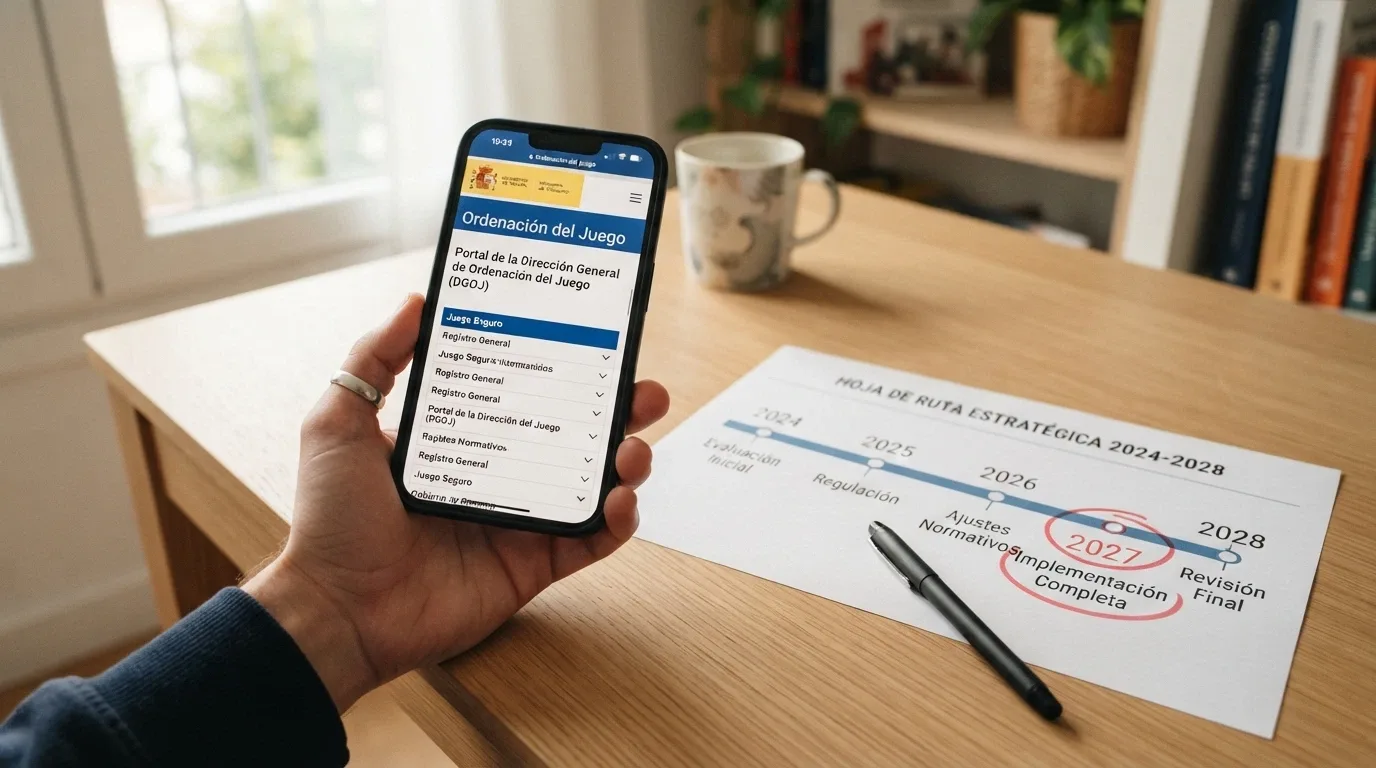 Mano sujetando un teléfono con la web de la DGOJ visible en pantalla y un calendario marcado en 2027