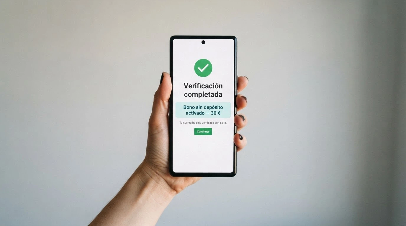 Una mano sujetando un teléfono móvil con la pantalla de verificación de cuenta completada y un mensaje de «bono sin depósito activado — 30€» en primer plano