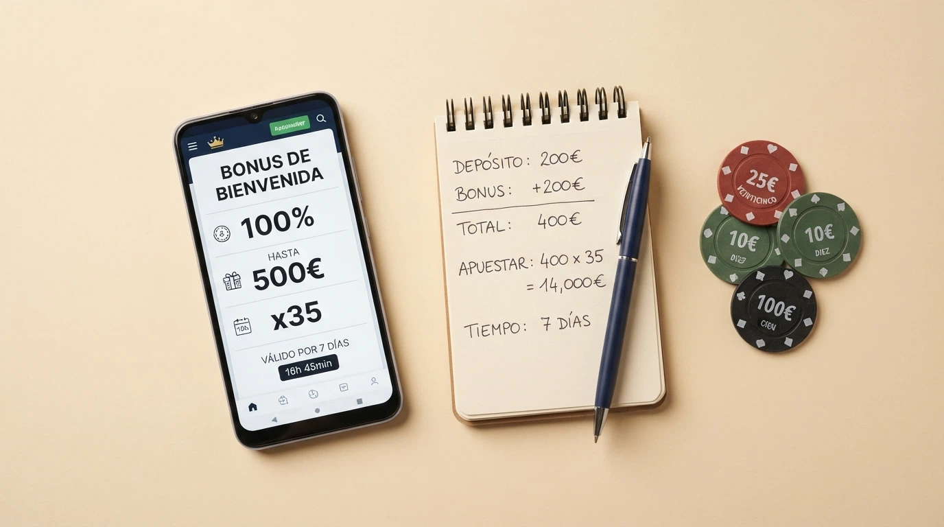 Representación visual de los componentes de un bono de casino: porcentaje de match, importe máximo, multiplicador de rollover y vigencia en días