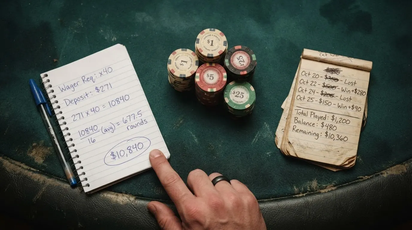 Representación de un cálculo de rollover sobre una mesa de casino: fichas apiladas junto a una calculadora y un calendario