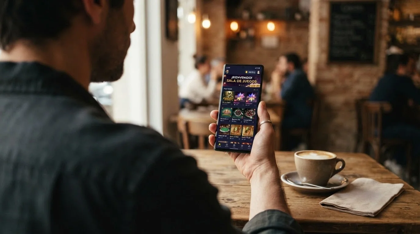 Pantalla de un teléfono mostrando el lobby de juegos de Casino Barcelona en el navegador