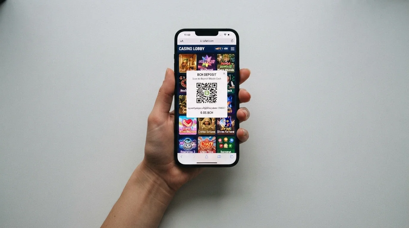 Mano sosteniendo un teléfono móvil con un casino online abierto en el navegador y un código QR de depósito en BCH en pantalla