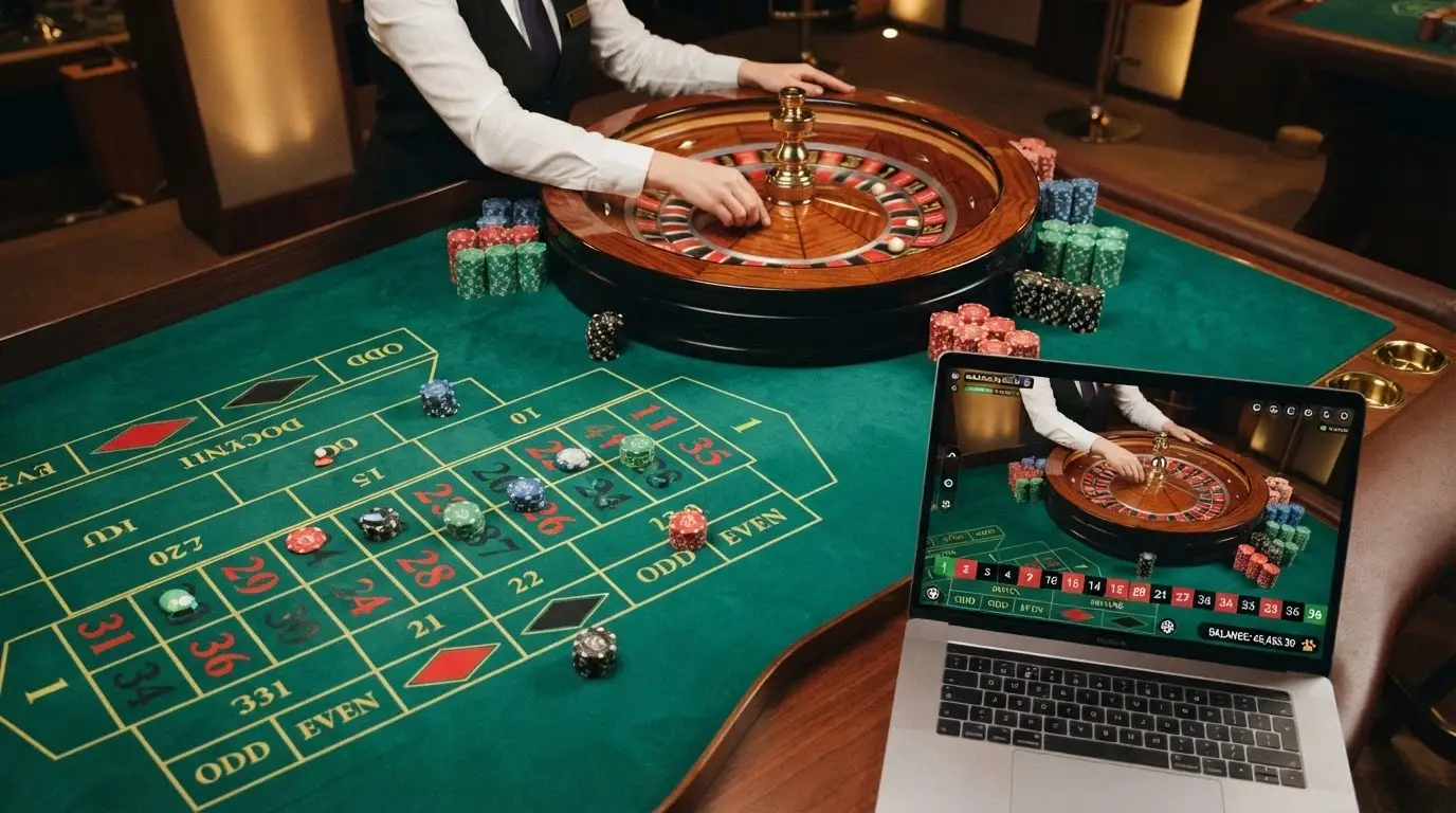 Una mesa de ruleta en vivo con un crupier real, y en la esquina de la pantalla el saldo en DOGE del jugador