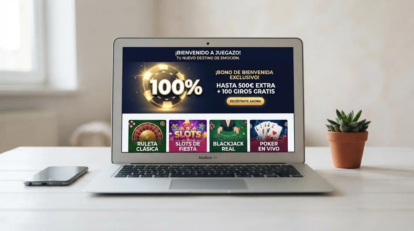 Fachada digital de un casino online recién lanzado con banners de bono de bienvenida destacados