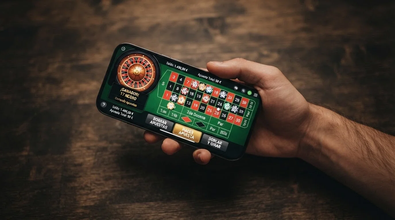 Mano sujetando un teléfono móvil en horizontal mostrando una mesa de ruleta en vivo con la interfaz de apuestas táctil