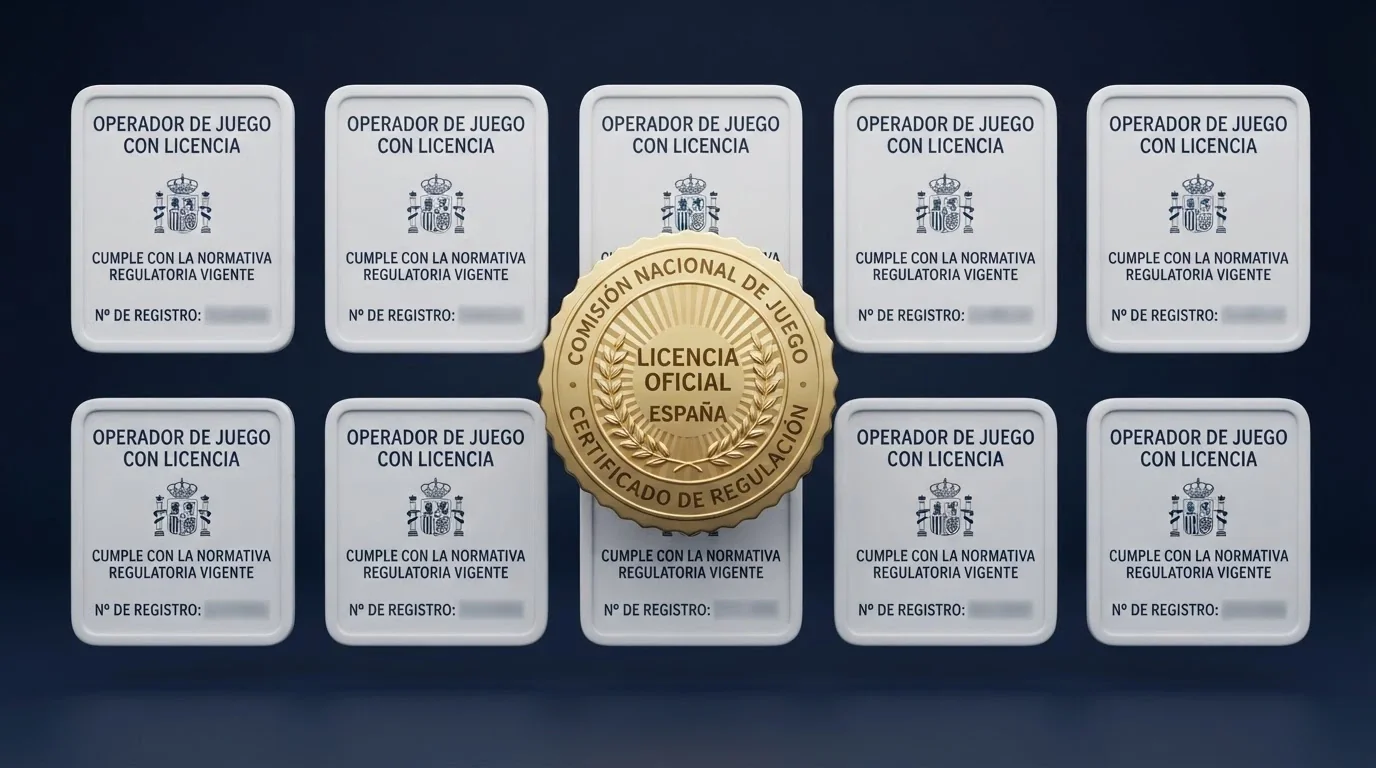 Mosaico con los logotipos de los 10 casinos DGOJ analizados y el sello oficial de la DGOJ como elemento central