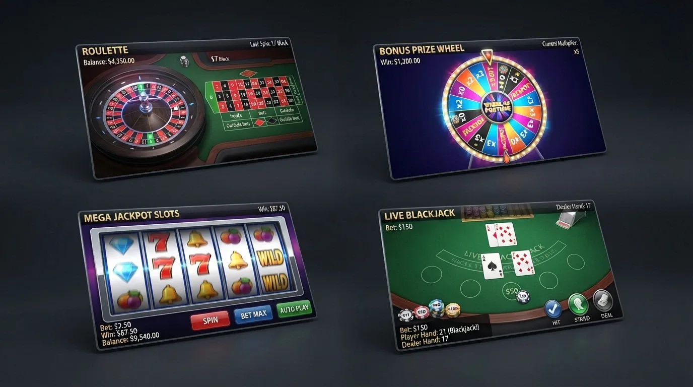 Una cuadrícula con los distintos tipos de juego del grupo Evolution: ruleta, game show, slot y juego First Person, cada uno con su interfaz característica