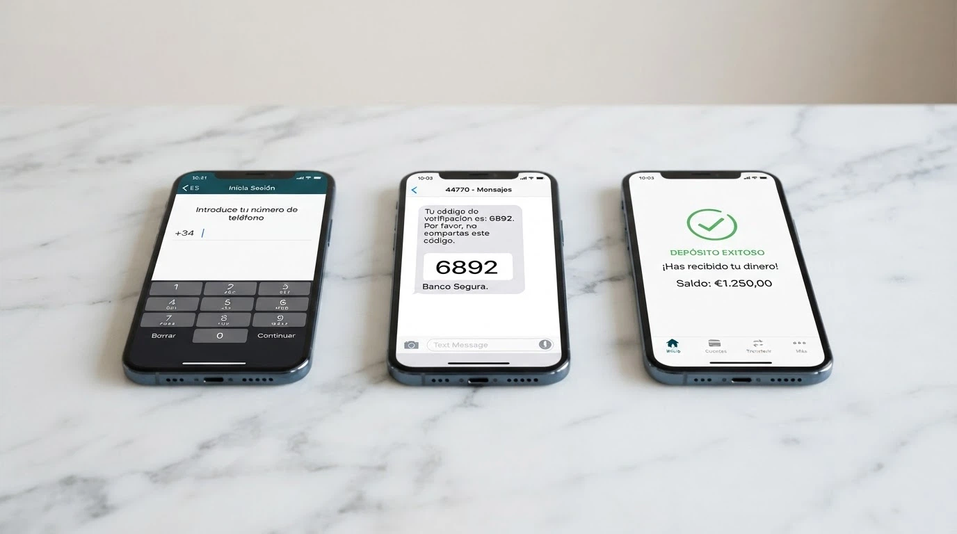 Secuencia de pantallas del proceso de depósito por SMS: introducir númeo de móvil, mensaje de texto con código y pantalla de confirmación