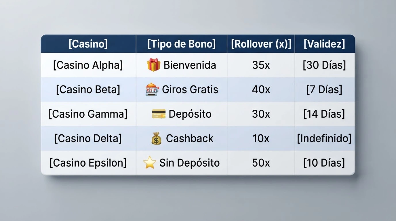 Una tabla comparativa con los logotipos de varios casinos online españoles y sus condiciones de bono de bienvenida en columnas