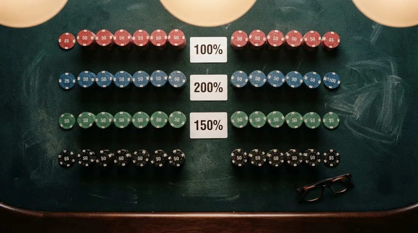 Una tabla comparativa con fichas de casino y porcentajes visibles sobre un fondo de pantalla de casino online