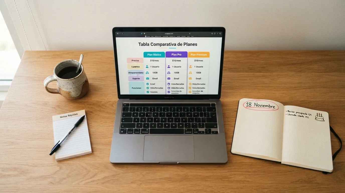 Una vista cenital de una mesa con un portátil mostrando una tabla comparativa de casinos y, al lado, un calendario con una fecha de cumpleaños marcada