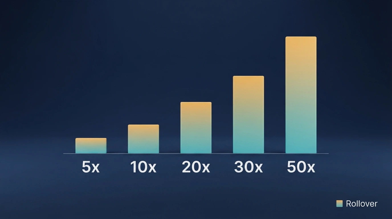 Gráfico de barras que compara los multiplicadores de rollover de los siete operadores con datos confirmados (5x, 10x, 20x, 30x, 50x)