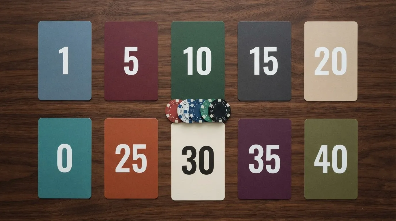 Vista cenital de una mesa con tarjetas que representan los operadores comparados, cada una con un número destacado (el multiplicador de rollover)
