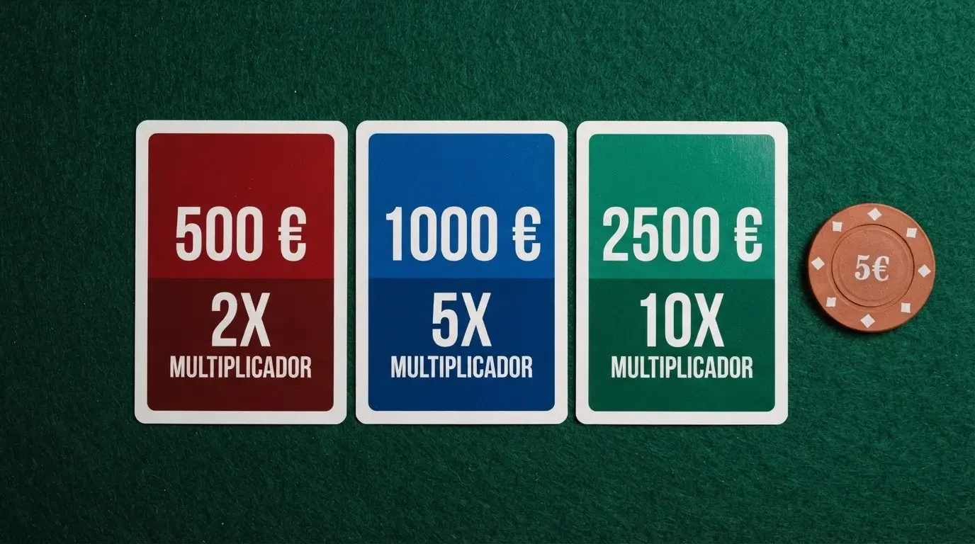 Varias tarjetas de casino alineadas sobre una mesa, cada una con un importe de bono y un multiplicador de rollover distintos