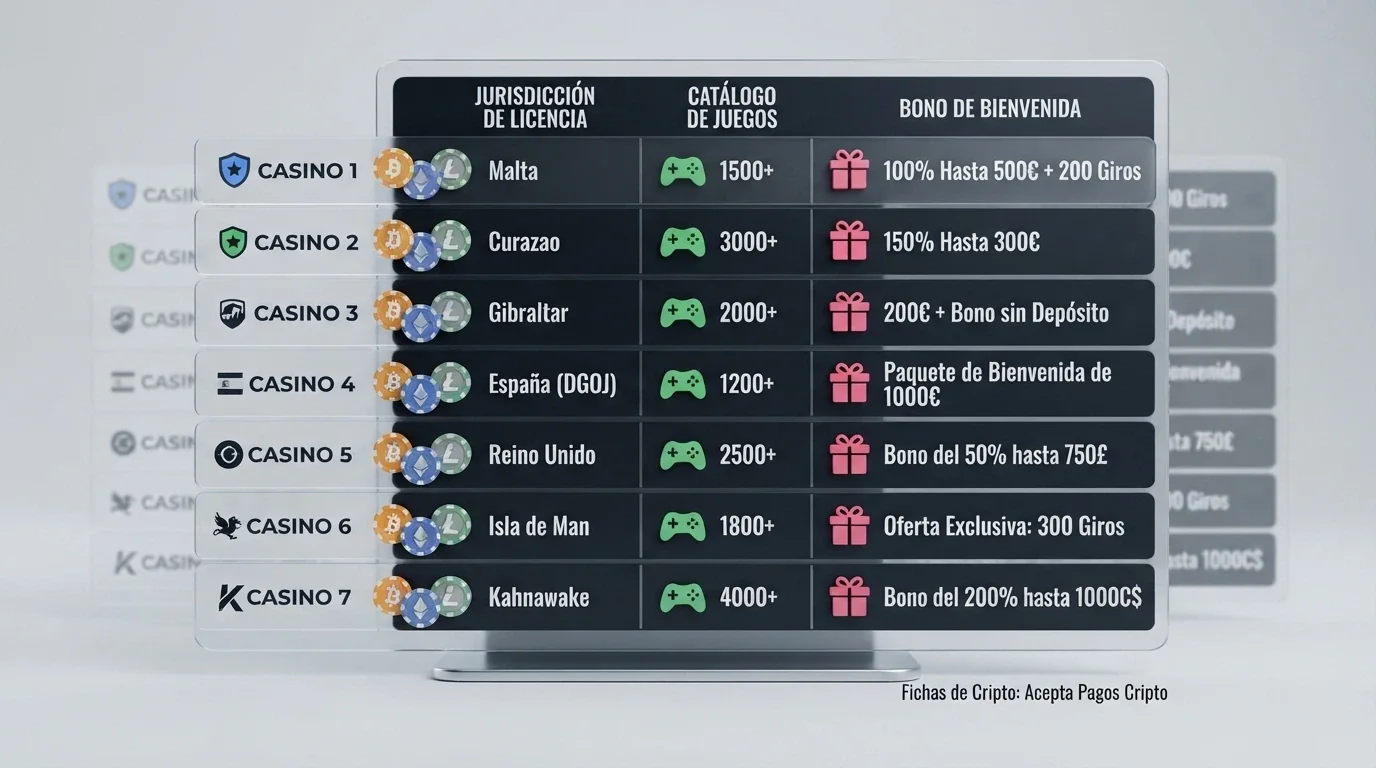 Tabla comparativa con los logotipos y datos de licencia, juegos y bono de los principales casinos que aceptan Cardano
