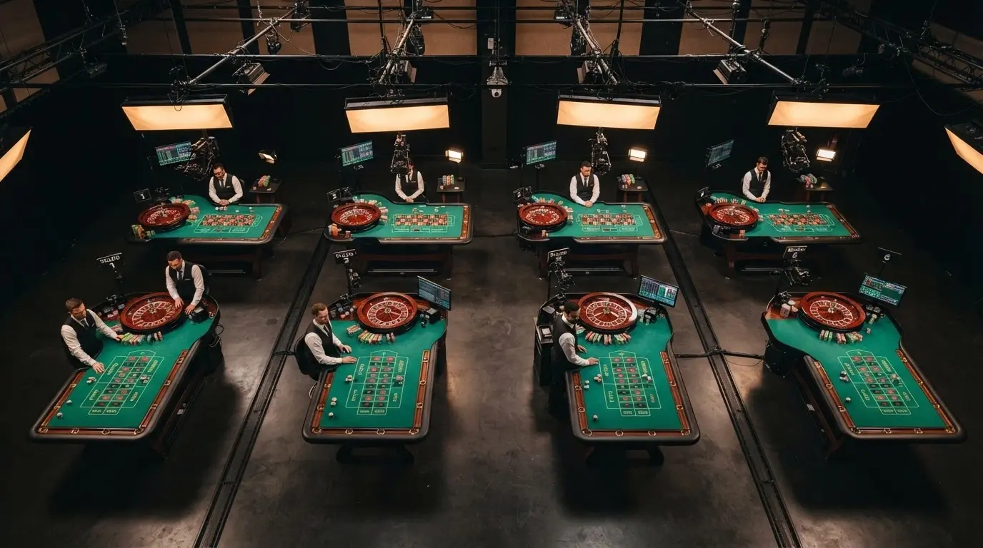 Vista cenital de varias mesas de casino en vivo con crupieres reales operando simultáneamente en una sala de streaming profesional