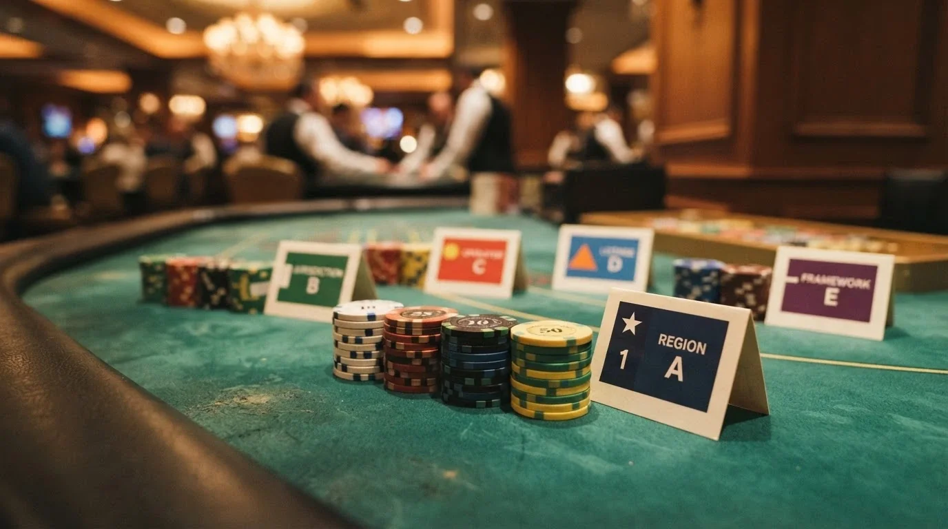 Pantalla dividida con fichas de casino sobre una mesa de juego, cada una con la bandera o indicador de su jurisdicción