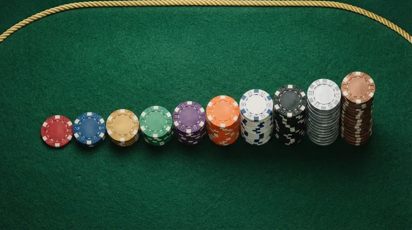 Vista cenital de una mesa con diez fichas de casino, cada una con el logotipo de un operador DGOJ distinto, ordenadas de mayor a menor valor