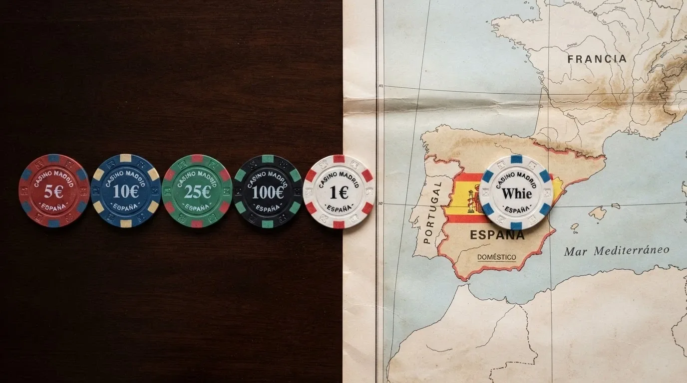 Una tabla comparativa con fichas de casino alineadas sobre un fondo dividido entre los colores de la bandera española y un mapa de jurisdicciones offshore
