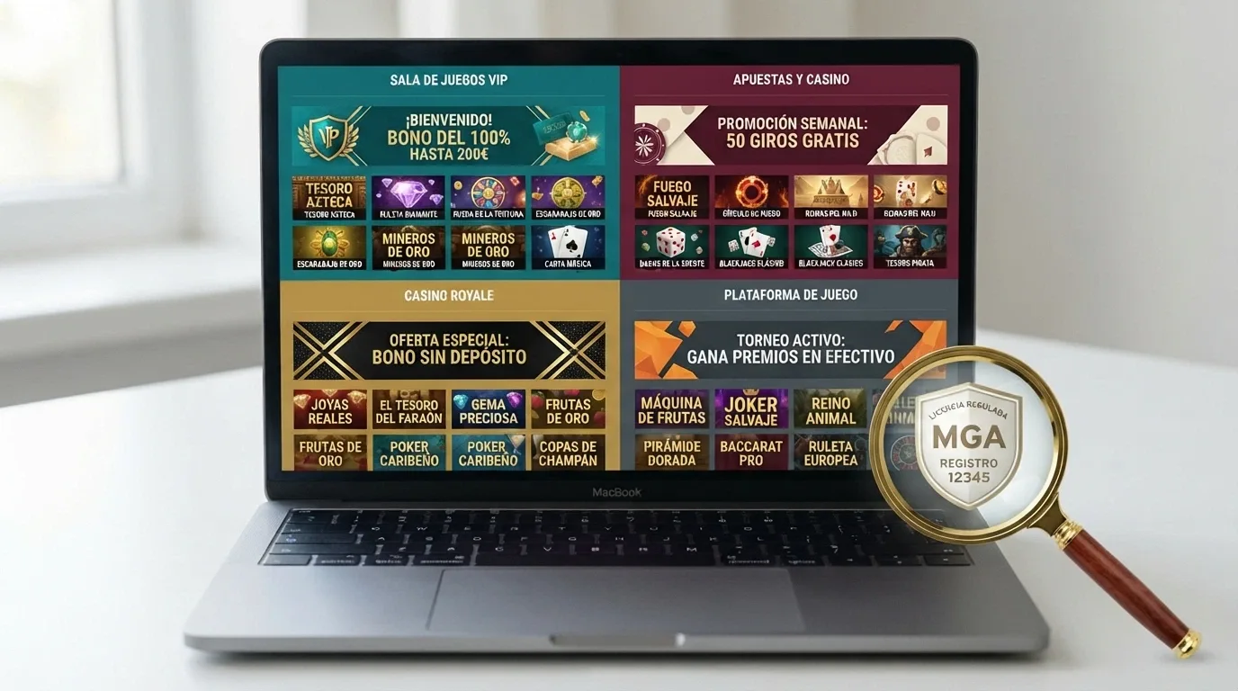 Pantalla dividida mostrando las fichas de varios casinos online con Bonus Crab, con sus logotipos y una lupa sobre el apartado de licencia