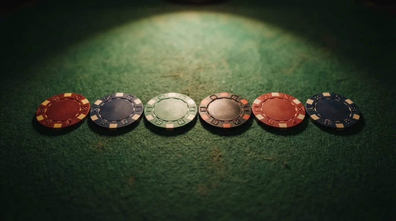 Conjunto de fichas de casino alineadas con los logotipos de los operadores revisados sobre un tapete verde