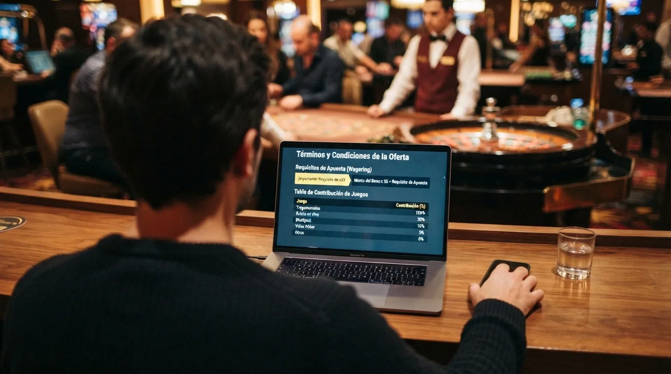 Pantalla de condiciones de bono de un casino online con los requisitos de apuesta destacados, junto a una ruleta en vivo en segundo plano