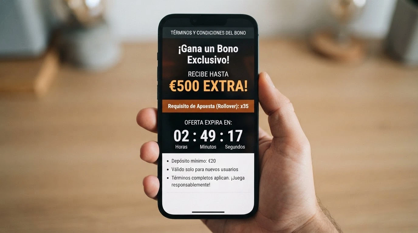 Pantalla de un móvil mostrando los términos y condiciones de un bono de bienvenida con importe, rollover y plazo