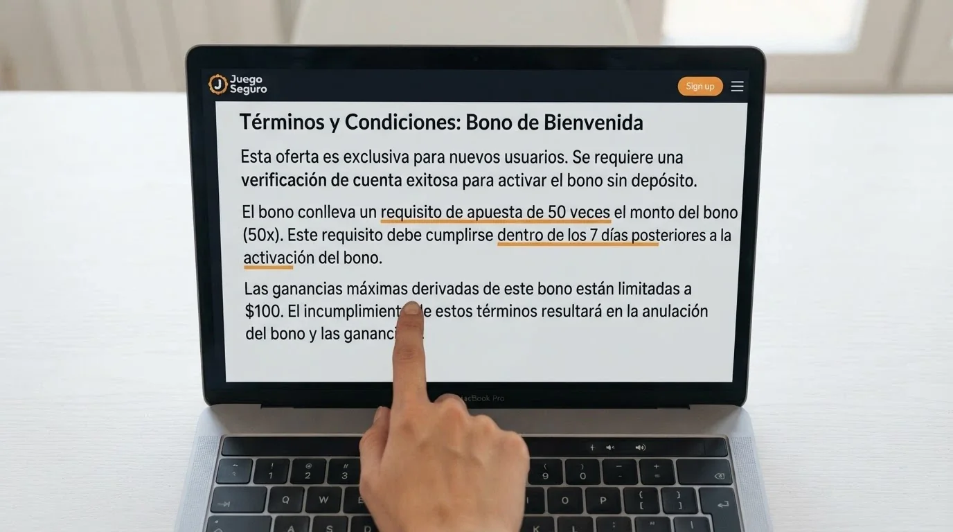 Primer plano de la sección de términos y condicionantes de una oferta de bono sin depósito en un casino .es, con el apartado de rollover y validez subrayado