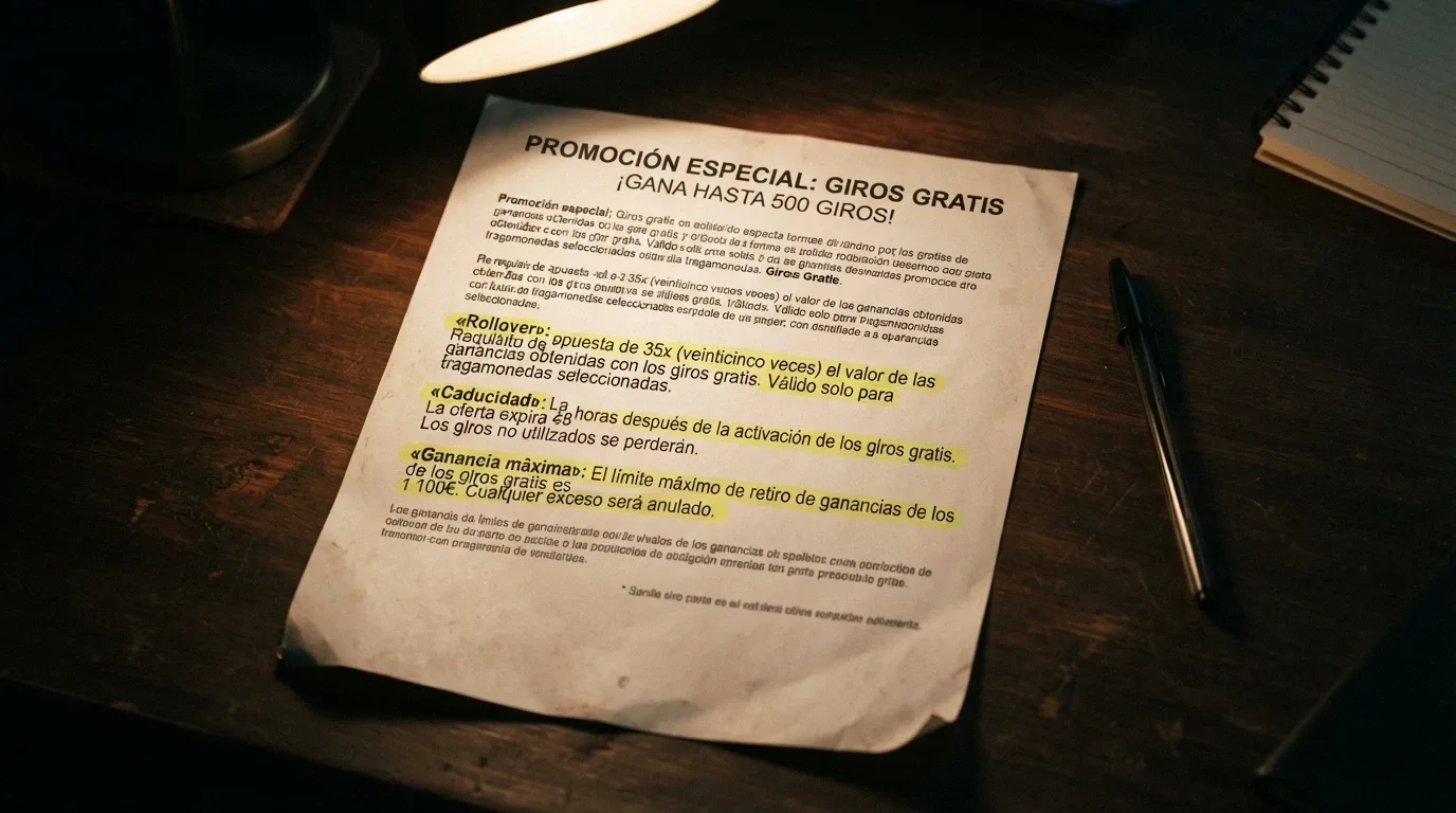 Primer plano de los términos y condiciones de una promoción de tiradas gratis en un casino español, con las secciones de rollover, caducidad y ganancias máximas subrayadas