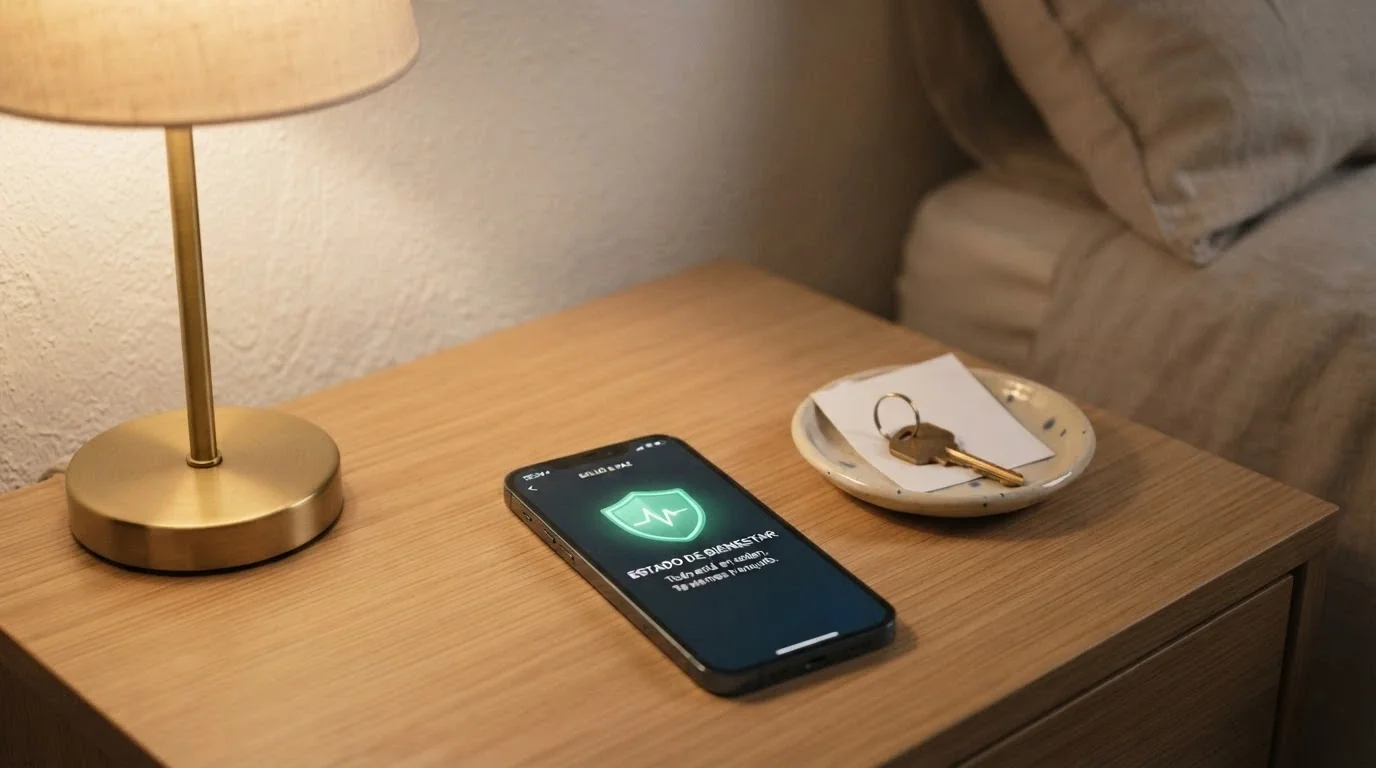 Un teléfono móvil mostrando la interfaz de la app Stop Juego junto a un icono de límite de depósito y un corazón que late con calma