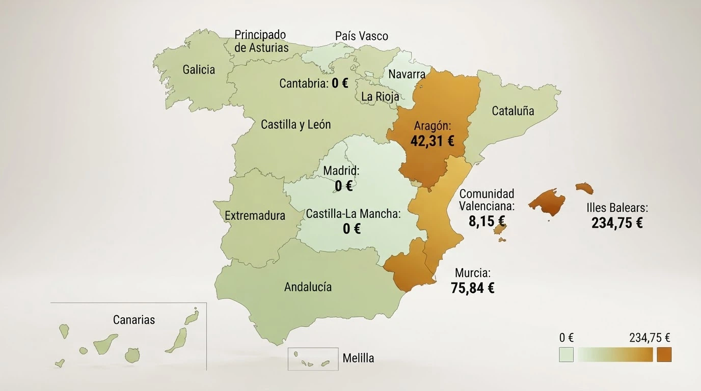Mapa de España con los costes de cancelación de la autoprohibición por comunidad autónoma